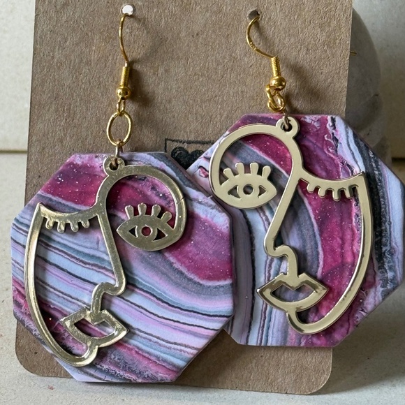 Healing Heart Clay Co. Jewelry - Healing Heart Clay Co. Abstract Face earrings/ Marble Clay & Gold Dangle